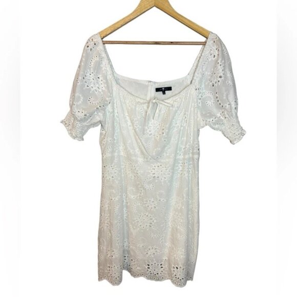 7 FOR ALL MANKIND White Eyelet Lace Short Puff Sleeve Mini Babydoll Dres… - Picture 3 of 7